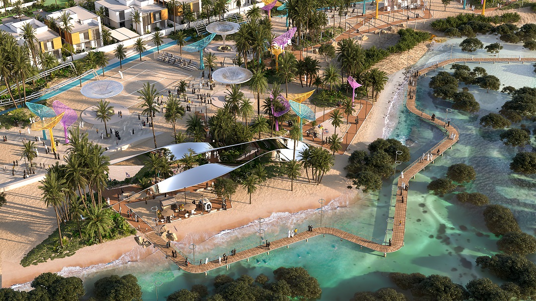 Waterfront villa exterior overlooking the coastline at Saadiyat Lagoons Al Ghaf, Saadiyat Island, Abu Dhabi's premium beachfront community